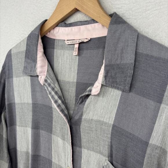 VICTORIAS SECRET Sleepshirt L Check Button Front Long Sleeve PJ Top Gray - Picture 6 of 15